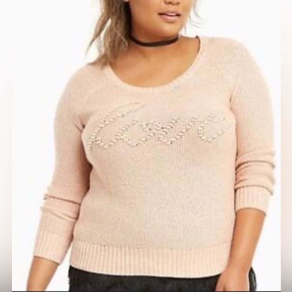 NWT Torrid romantic, feminine Pink Sweater with Embellished Script. Sz 2X.